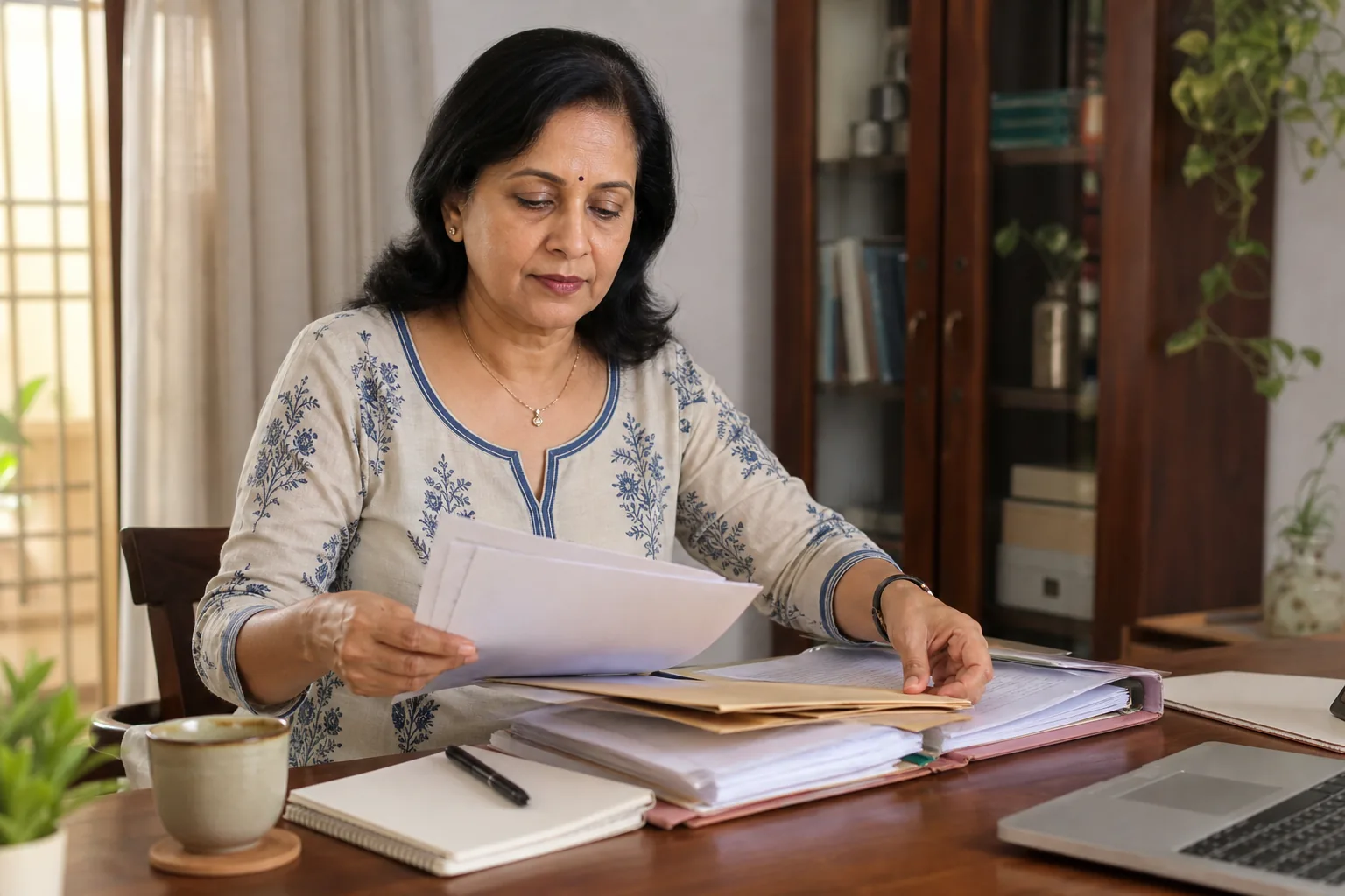Indian woman reviewing plans at a table